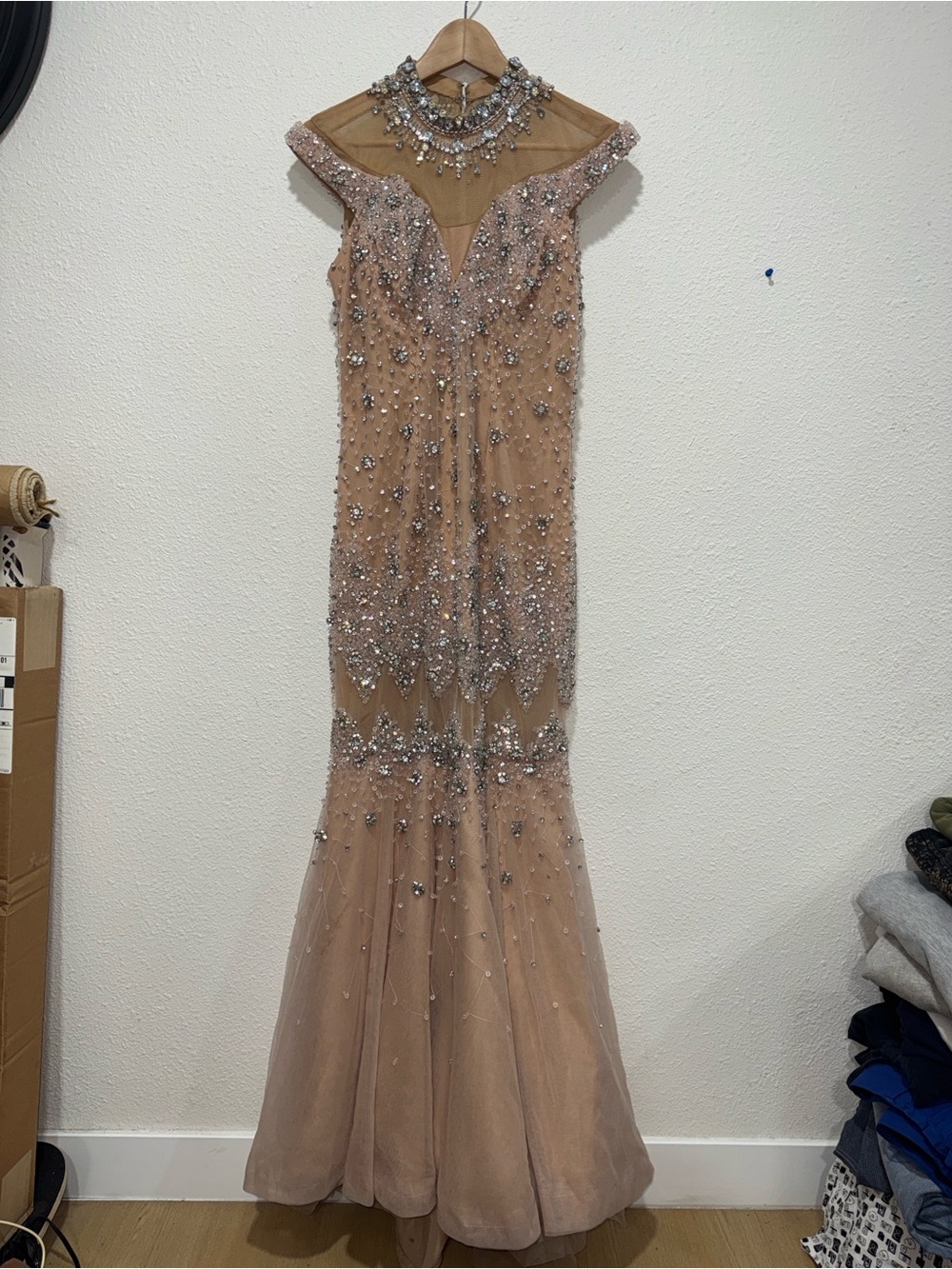 Terani Couture Nude Beaded Mesh Mermaid Gown